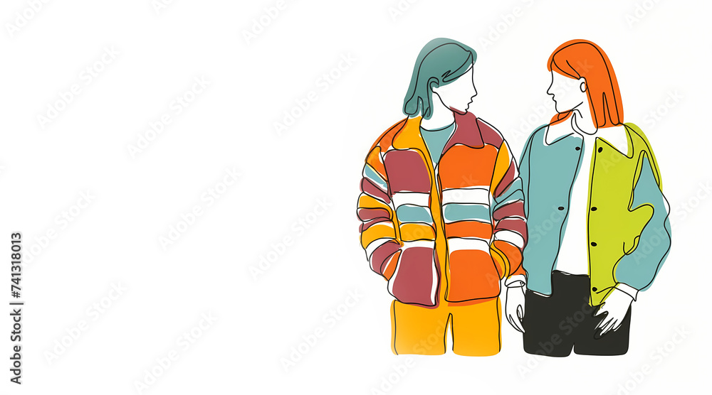 Minimalist full body illustration of man and woman. Wearing colorful outfit. Copy space. Minimalist full body illustration of man and woman. Wearing colorful outfit. Copy space.