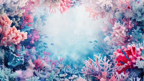 Underwater scene with coral reef, fish and seaweed. Vector watercolor illustration.
