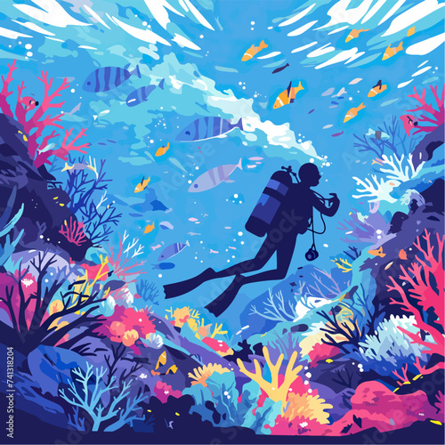 Underwater scene with coral reef, fish and seaweed. Vector watercolor illustration.