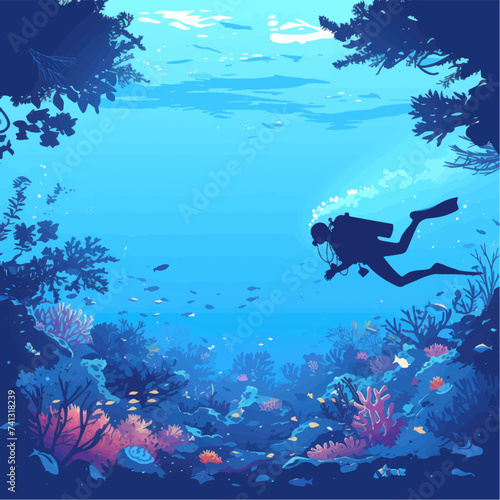 Underwater scene with coral reef, fish and seaweed. Vector watercolor illustration.