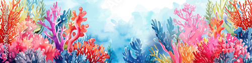 Underwater scene with coral reef, fish and seaweed. Vector watercolor illustration.