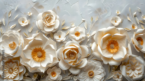A sophisticated layout showcasing ivory paper flowers against a soft gray background, offering space for personalized text or greeting card messages. Tailor-made for International Women's Day © CanvasPixelDreams