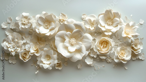 A sophisticated layout showcasing ivory paper flowers against a soft gray background, offering space for personalized text or greeting card messages. Tailor-made for International Women's Day