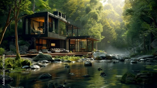 Riverside Cabin in the Woods: minimalist House by the River, Next to the Forest. Crafted by Generative AI
