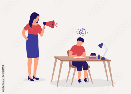 Strict Mother With Megaphone Shouting At His Son To Do His Homework At Home. Full Length. Flat Design.