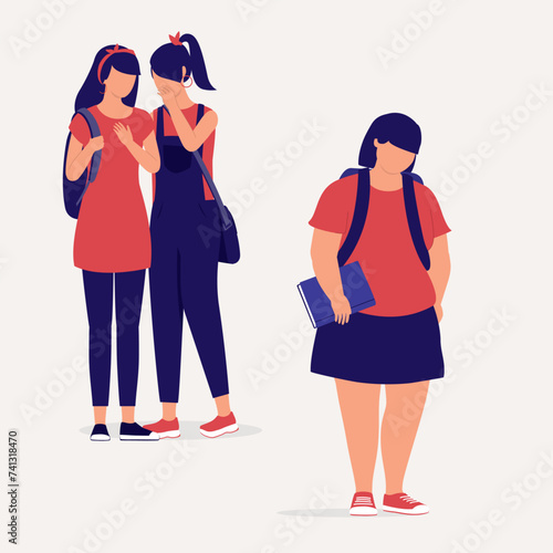 Overweight Teenage Girl Was Mocked In School By Two Mean Girls. Full Length. Flat Design.
