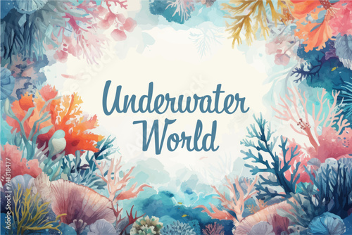 Underwater scene with coral reef, fish and seaweed. Vector watercolor illustration.