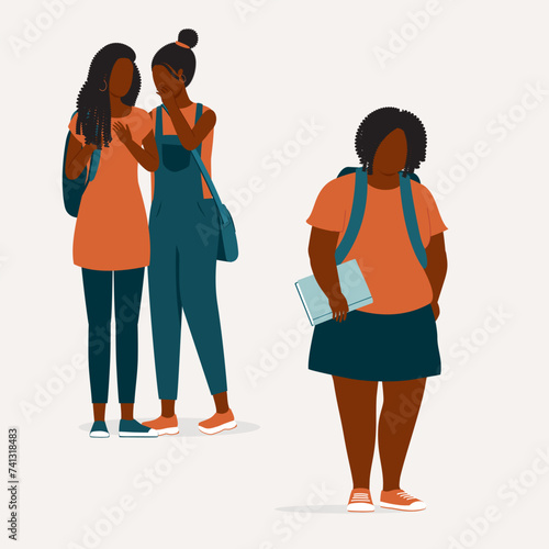 Black Overweight Teenage Girl Was Mocked In School By Two Mean Girls. Full Length. Flat Design.