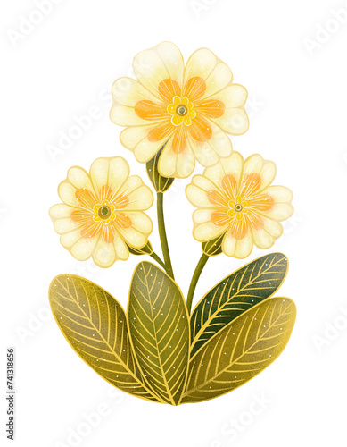 White primrose with green leaves  watercolor  isolated illustration on a white background  branch  gouache style  element for design and decoration  Easter  print