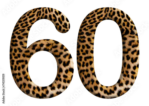 The shape of the number 60 is made of leopard fur or skin isolated on transparent background. Suitable for birthday, anniversary and Memorial Day templates