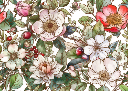 Boutonniere of wild rose flowers and berries Seamless pattern, background. Outline hand drawing vector illustration. In botanical style