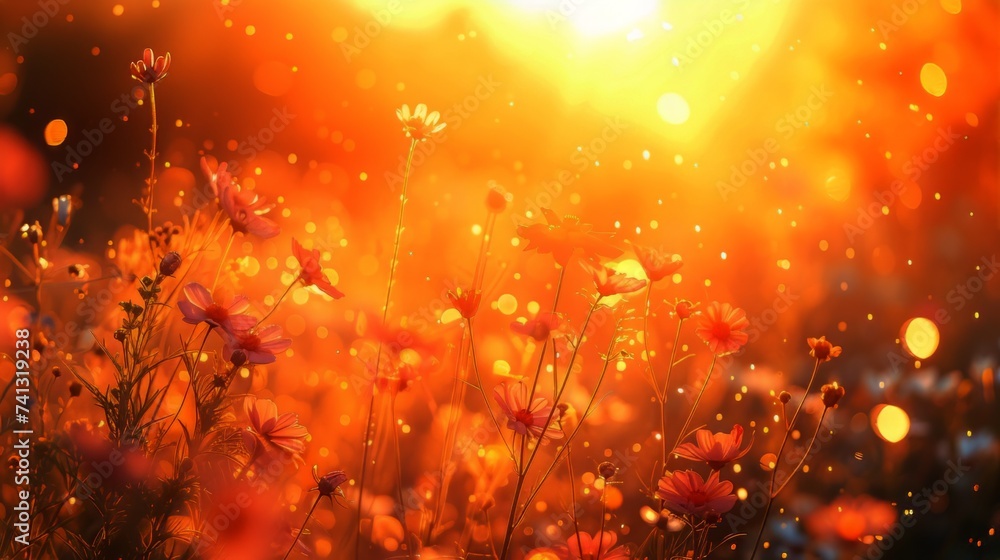 A radiant springtime field of wildflowers with the sun shining in the background, creating a bokeh effect.