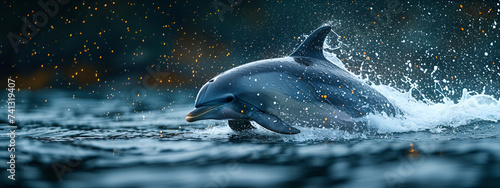 A group of dolphins elegantly breached out of the ocean at night 
