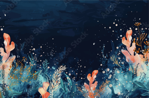 Underwater scene with coral reef, fish and seaweed. Vector watercolor illustration.