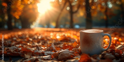 A cup of coffee is sitting on top of a pile of leaves in a park during the fall season.