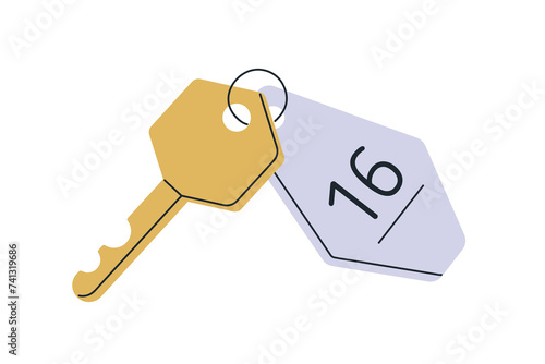 Door key from hotel room, apartment. Keyring, ring holder with private locking accessory and metal tag, pendant with number. Flat vector illustration isolated on white background