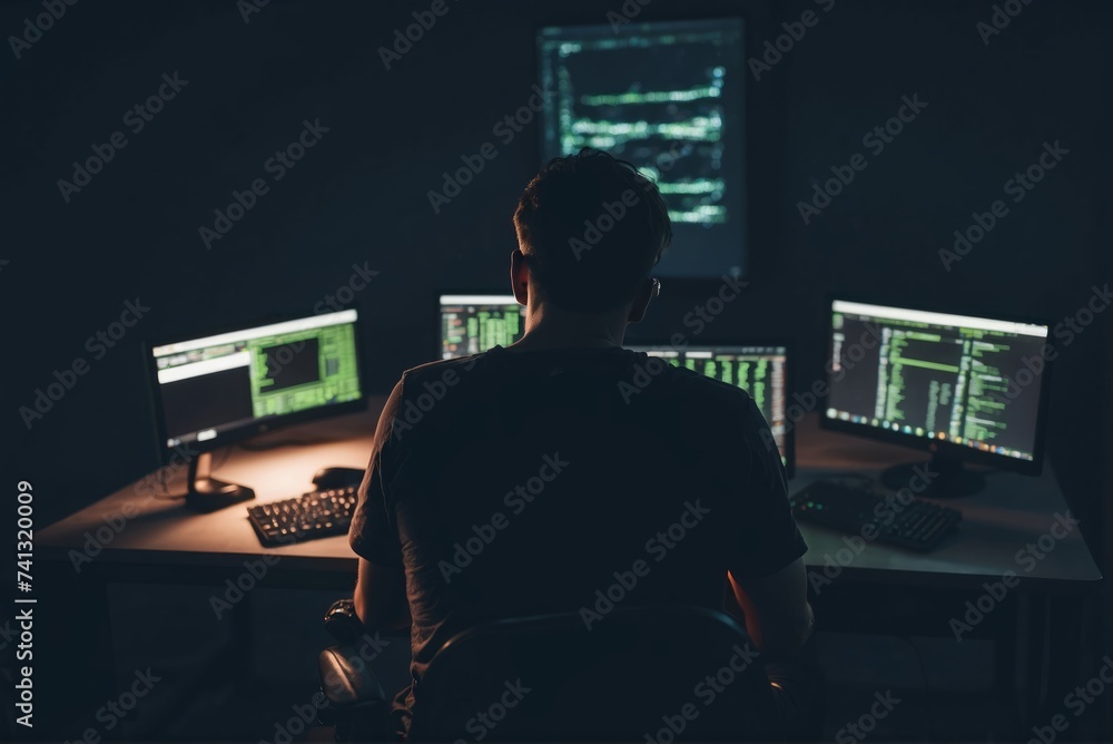 One hacker sitting in the dark room infront of his computers, hacking some internet data 