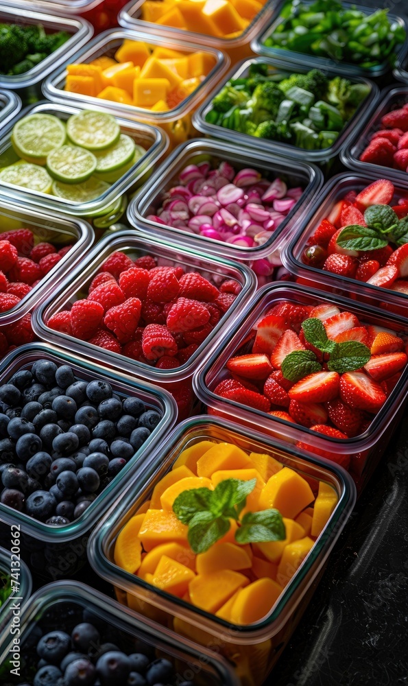 Colorful meal prep containers with a variety of fresh produce Colorful meal prep containers with a variety of fresh produce