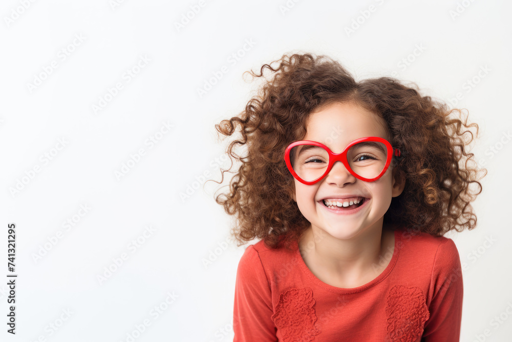 Happy smiling little girl with heart shaped eye glasses on white background