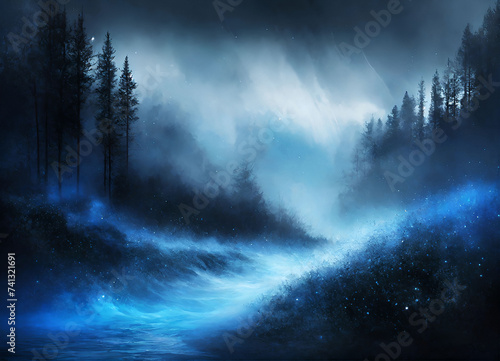dark blue forest and river landscapes