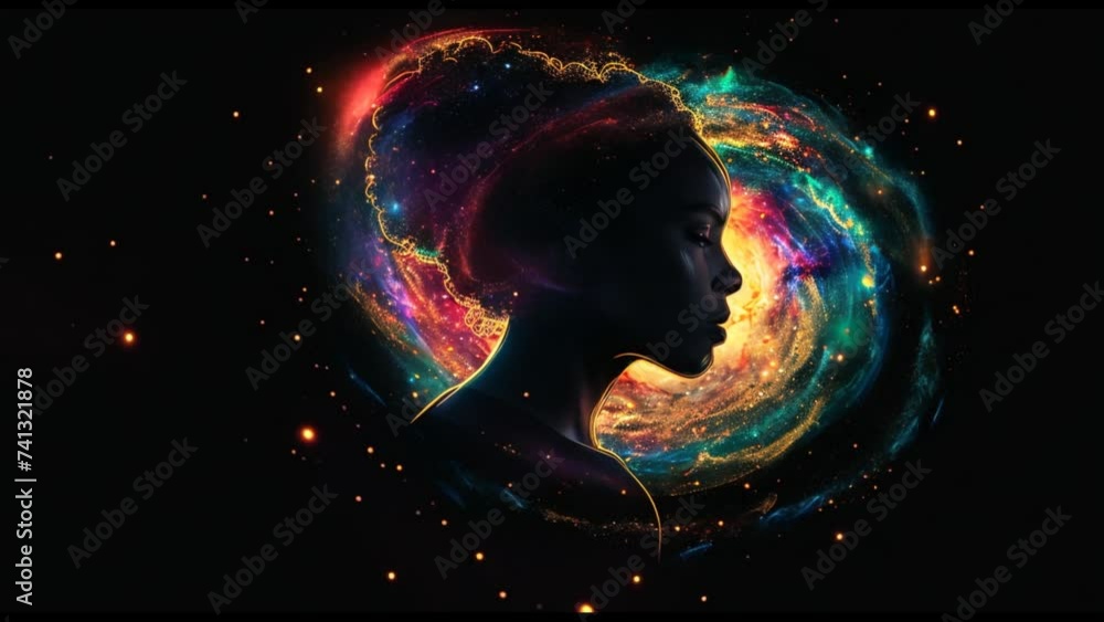 Woman meditates Black Background Surreal Collision Of Galaxies, Luminous Hues Woman meditates Black Background Surreal Collision Of Galaxies, Luminous Hues