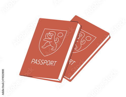 Two passport books. Identity, nationality and citizenship, paper documents icon. Official identification personal docs pair, abstract cover. Flat vector illustration isolated on white background