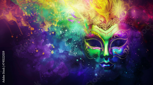 Mardi Gras Mask with Colorful Smoke Background