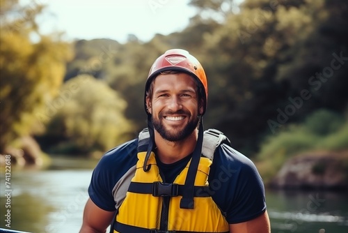 Portrait of a smiling young man rafting on the river. © Nerea