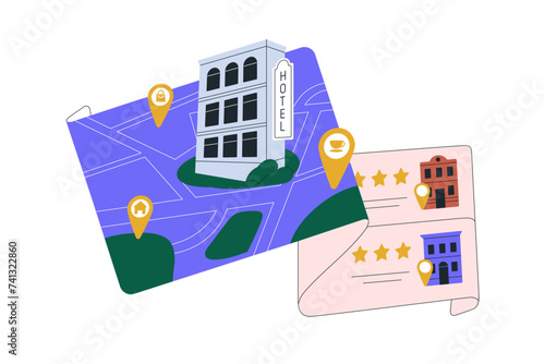 Searching, choosing hotel to book. Finding, booking, looking for tourists roo...