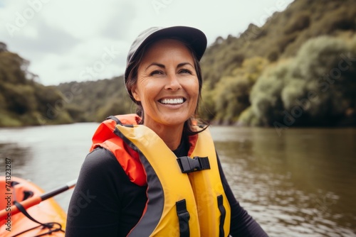 Portrait of smiling woman in life jacket and cap rafting on river © Nerea
