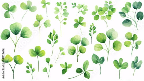 Watercolor set of green leaves isolated on white background.