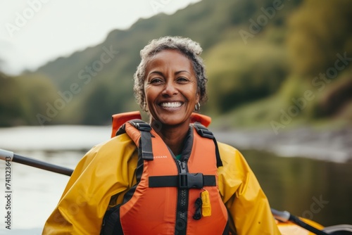 Portrait of happy senior african american woman kayaking on river. © Nerea