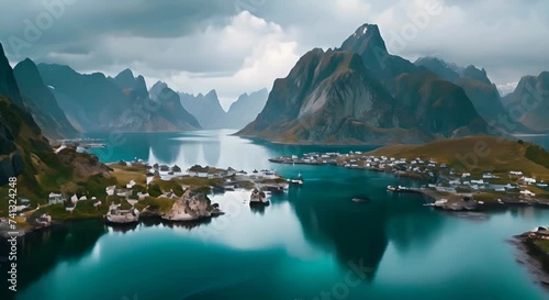 Aerial drone view of Reine, a small town along the Gravdalsbukta bay on Lofoten islands, Norway photo