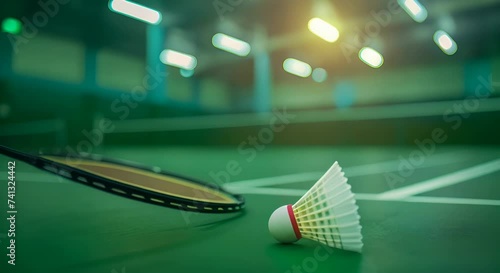Cream white badminton shuttlecock and racket with neon light shading on green floor in indoor badminton court, blurred badminton background, copy space photo