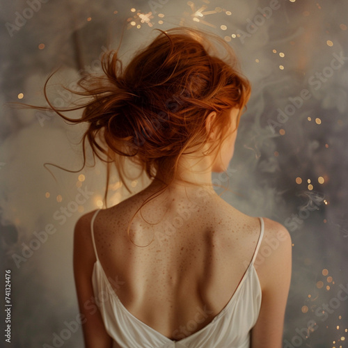 woman from behind, wishful, breeze in her hair, low bun, messy little hair, whe is wearing white slip dress, she has ginger light brown hair, her head is tilted upwards and to the side photo