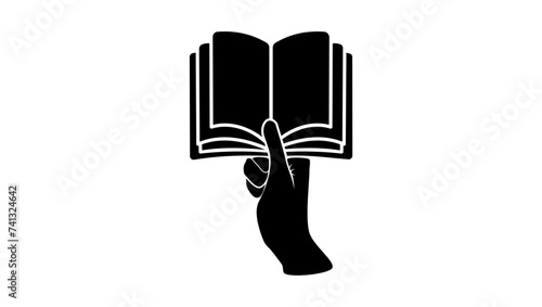Technical documentation emblem, hand holding an open book, black isolated silhouette
