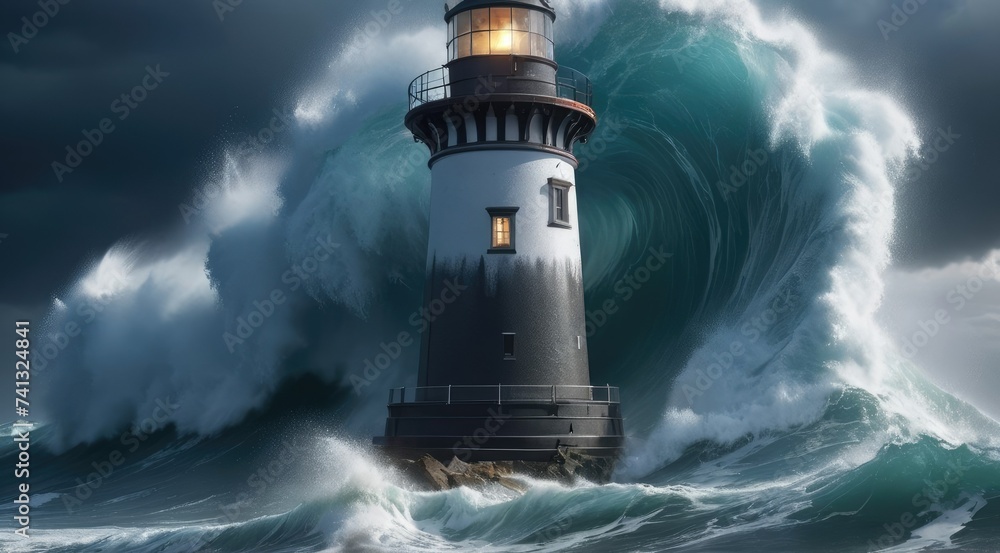 Stormy Sentinel: A Captivating Lighthouse Battling Violent Waves in a Tempestuous Sea Storm
