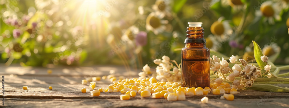 jar with essential oil extract of corn oil on a wooden background jar with essential oil extract of corn oil on a wooden background