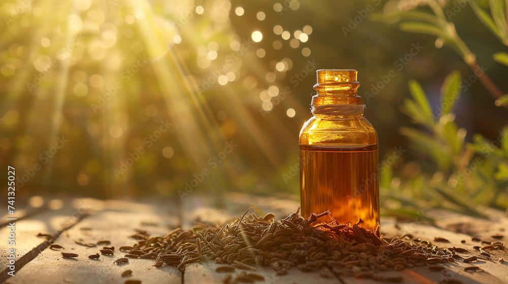 jar with essential oil extract of cumin oil on a wooden background jar with essential oil extract of cumin oil on a wooden background