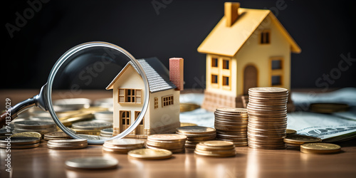 This image showcases multiple wooden house models placed on increasing stacks of coins Real estate agent or realtor signing mortgage agreement. photo