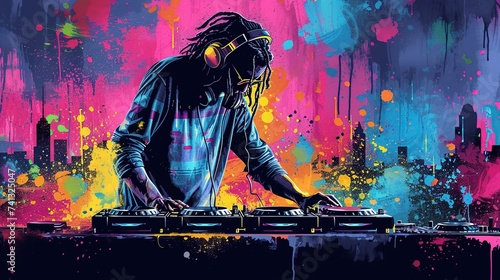Vibrant music dj with colorful graffiti background photo