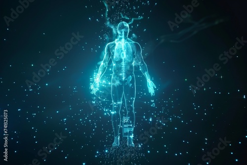 Translucent holographic human figure with shimmering details © Oleksandr