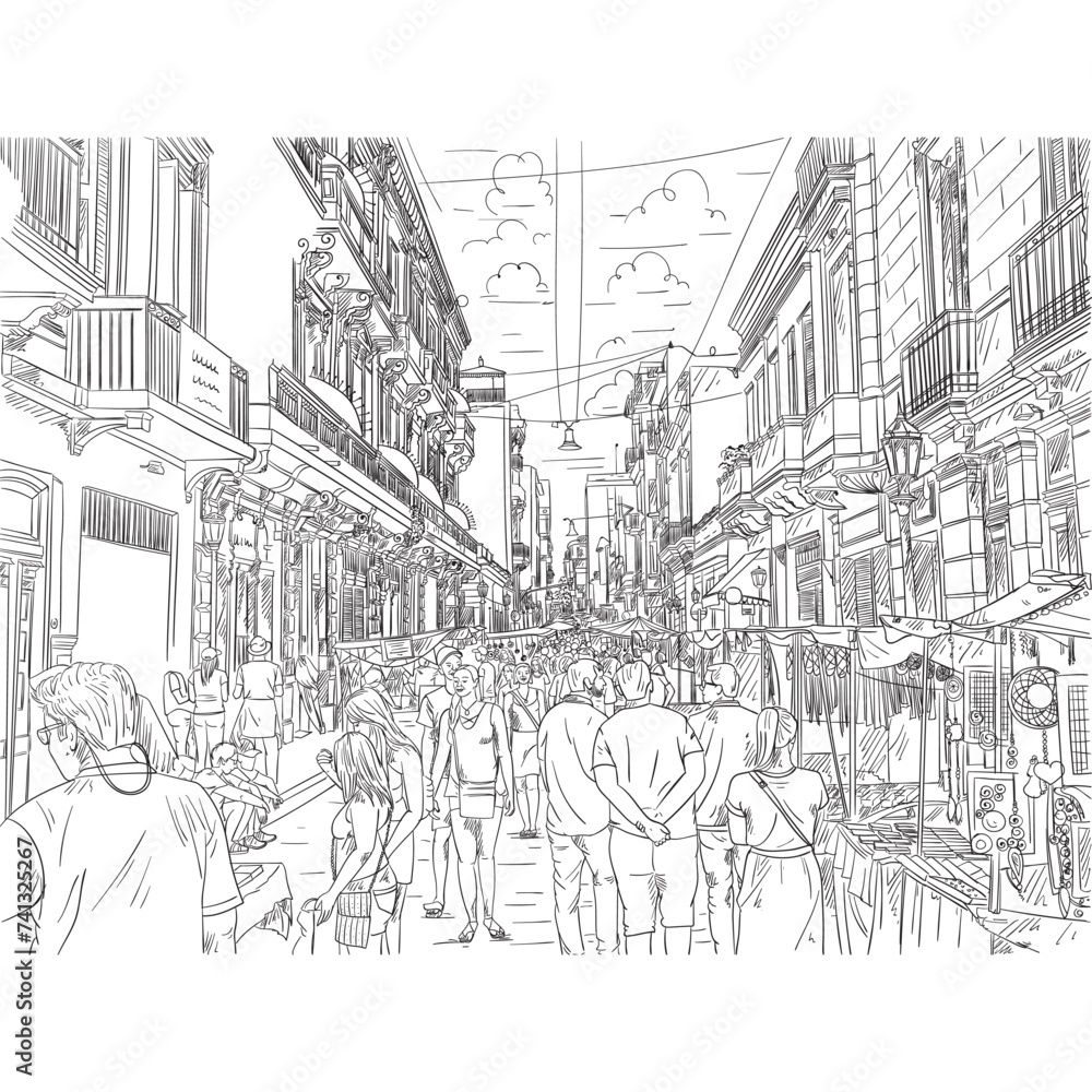 Building view in the market sketch with the carnival and people shopping