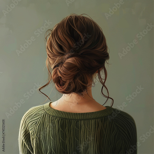 woman from behind, wishful, breeze in her hair, low bun, messy little hair, whe is wearing white slip dress, she has ginger light brown hair, her head is tilted upwards and to the side