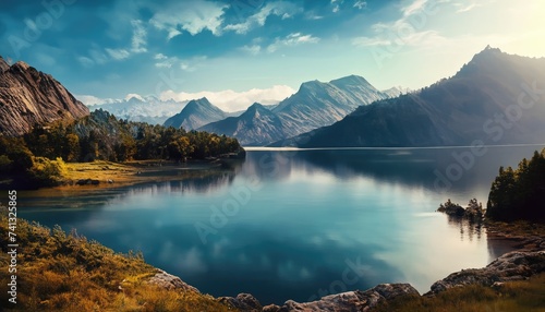 beautiful landscape a mystical day with mountains and lake travel background