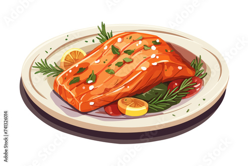 Grilled salmon steak on plate vector flat isolated illustration