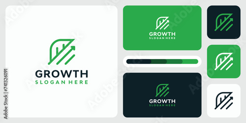 Vector logo design illustration of abstract line leaf shape with growth arrow.