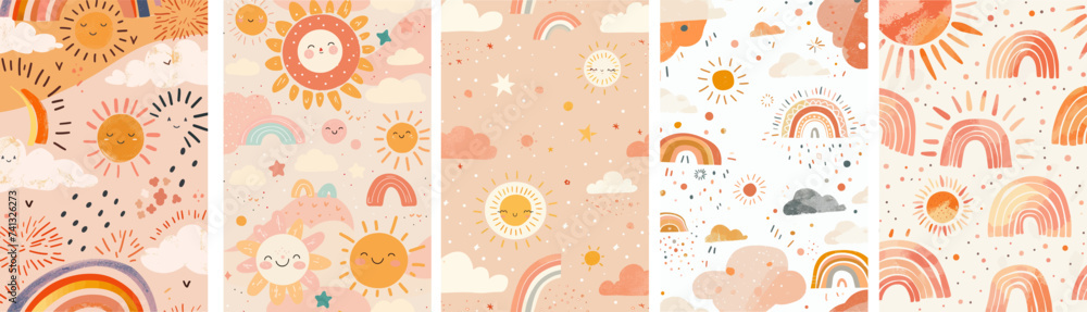 Cute Rainbow Illustrations and elements like Clouds Raindrops Sun Stars and Moon.