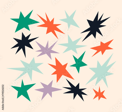 Set of colorful asymmetrical stars and lights in cartoon style. Vintage vector set