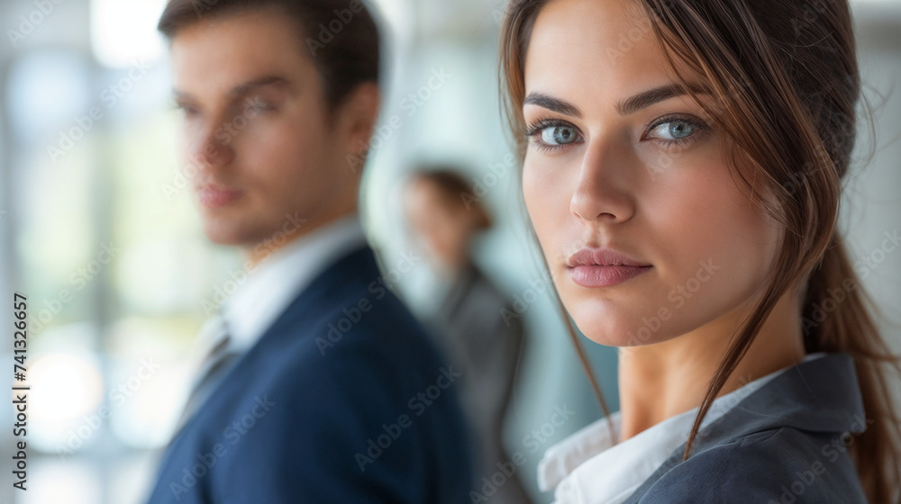 Professional Business Attire, Confident Woman in Grey Suit, Man in Navy Blue Suit, Stripped Tie, White Shirt, Blurred Background, Lower Face, Business Confidence, Corporate Professionals Professional Business Attire, Confident Woman in Grey Suit, Man in Navy Blue Suit, Stripped Tie, White Shirt, Blurred Background, Lower Face, Business Confidence, Corporate Professionals